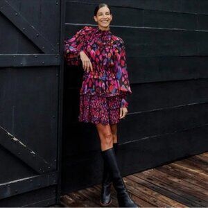 NWT FARM Rio Black Iridescent Leopards‎ Ruffle Mini Dress l Size XS